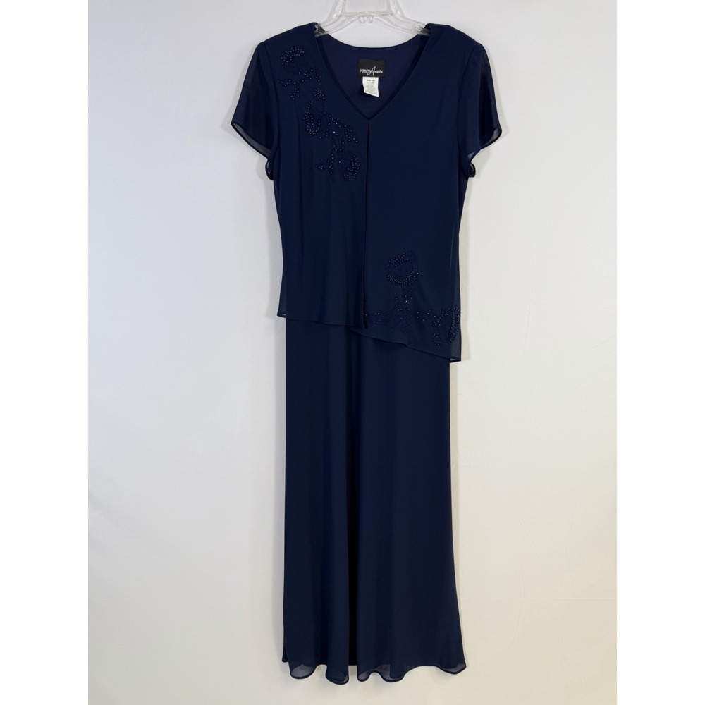Positive Attitude Royal Blue Beaded Short Sleeve Maxi Dress Size 14 Vtg Formal